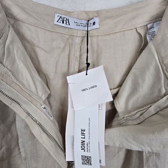 NWT Zara Size Large High Waisted Pleated Wide Leg 100% Linen Pants Sand 8292/500 - Picture 10 of 12